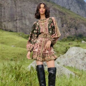 Farm Rio FLOWERING GARDEN TREE GREEN MINI DRESS